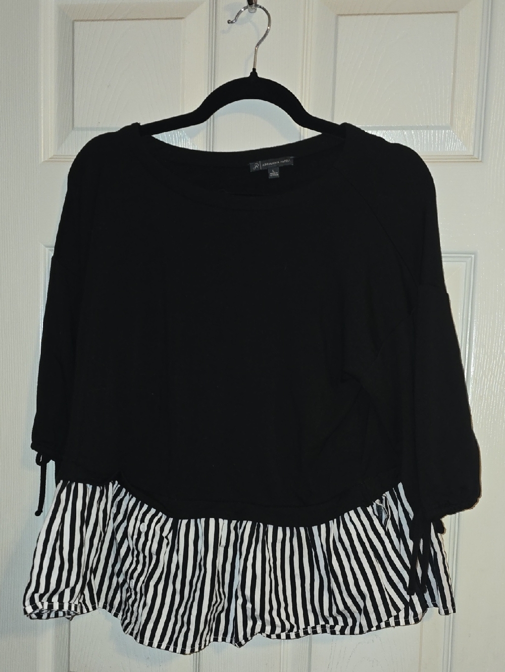 Adrianna Papell Black Sweatshirt with Black-and-White Striped Hem